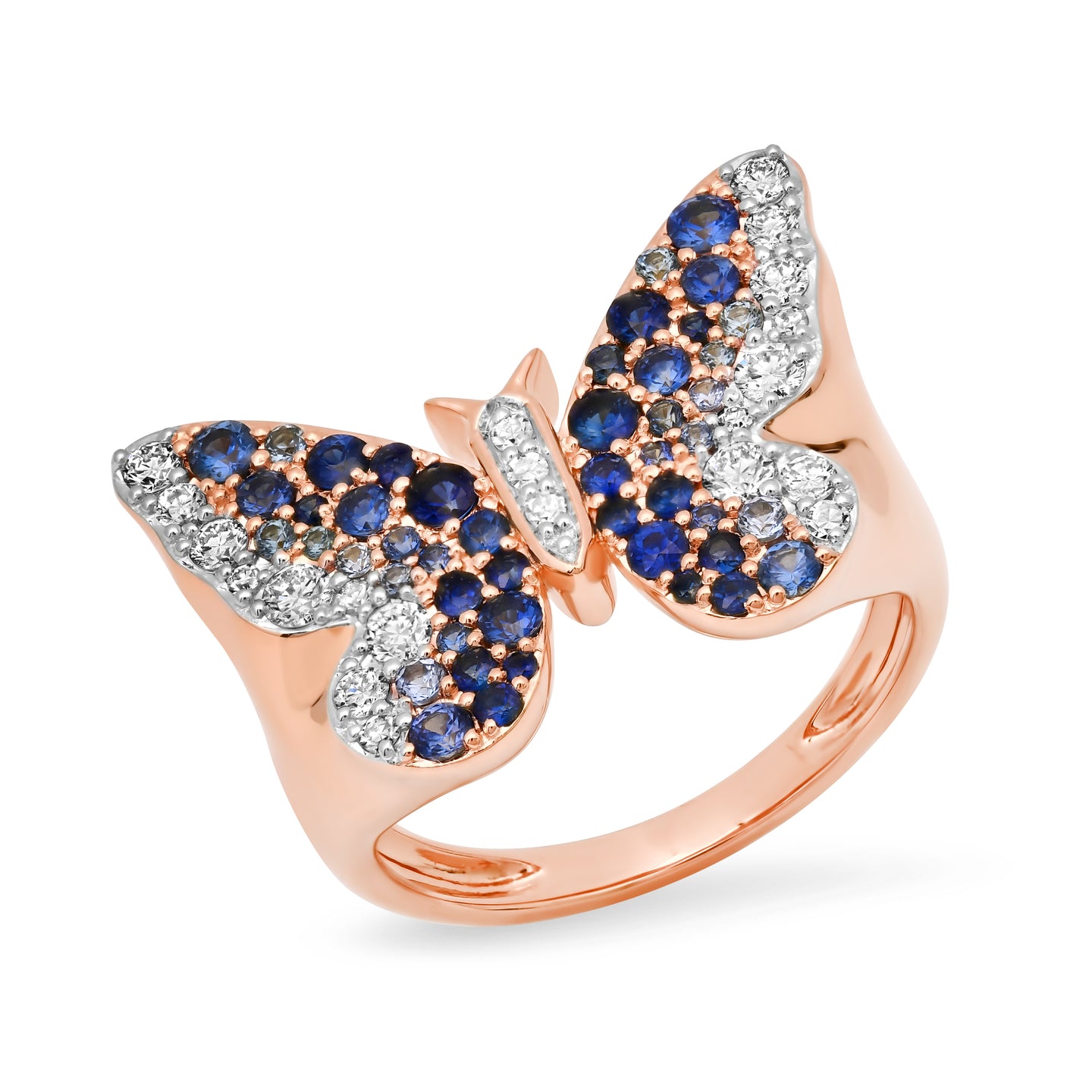 14k Rose Gold Blue and Diamond Ombré Butterfly Signet Ring